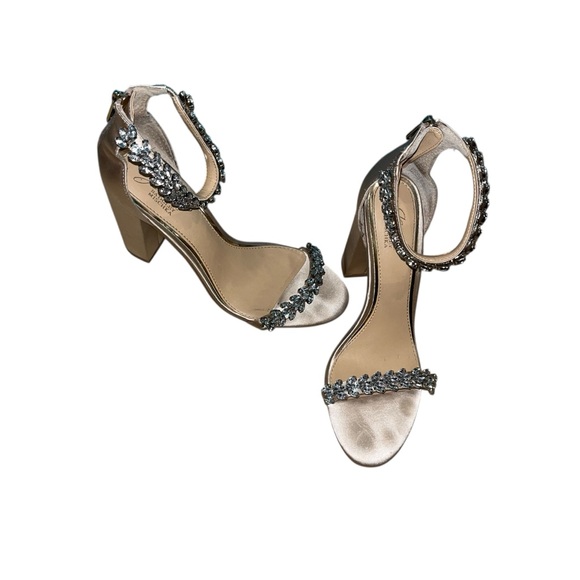 Jewel Badgley Mischka Rhinestone Satin Block Heels Sandals 7.5 Wedding Shoes - Picture 1 of 6